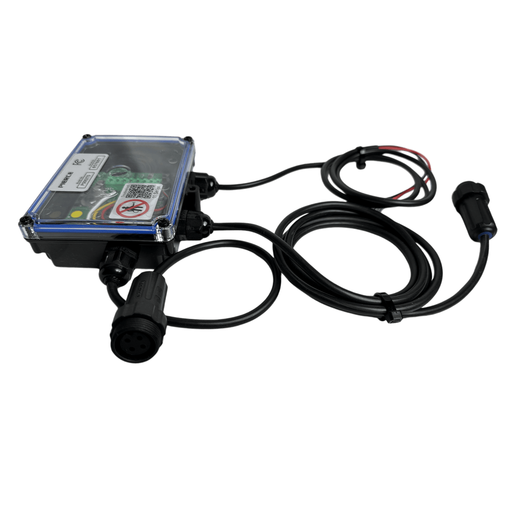 The Lodar LTD 2 Function Wireless Control System for Dump Trailer is a black electronic device with a clear cover, long cables, and connectors, designed for wireless dump trailer systems, shown on a white background.