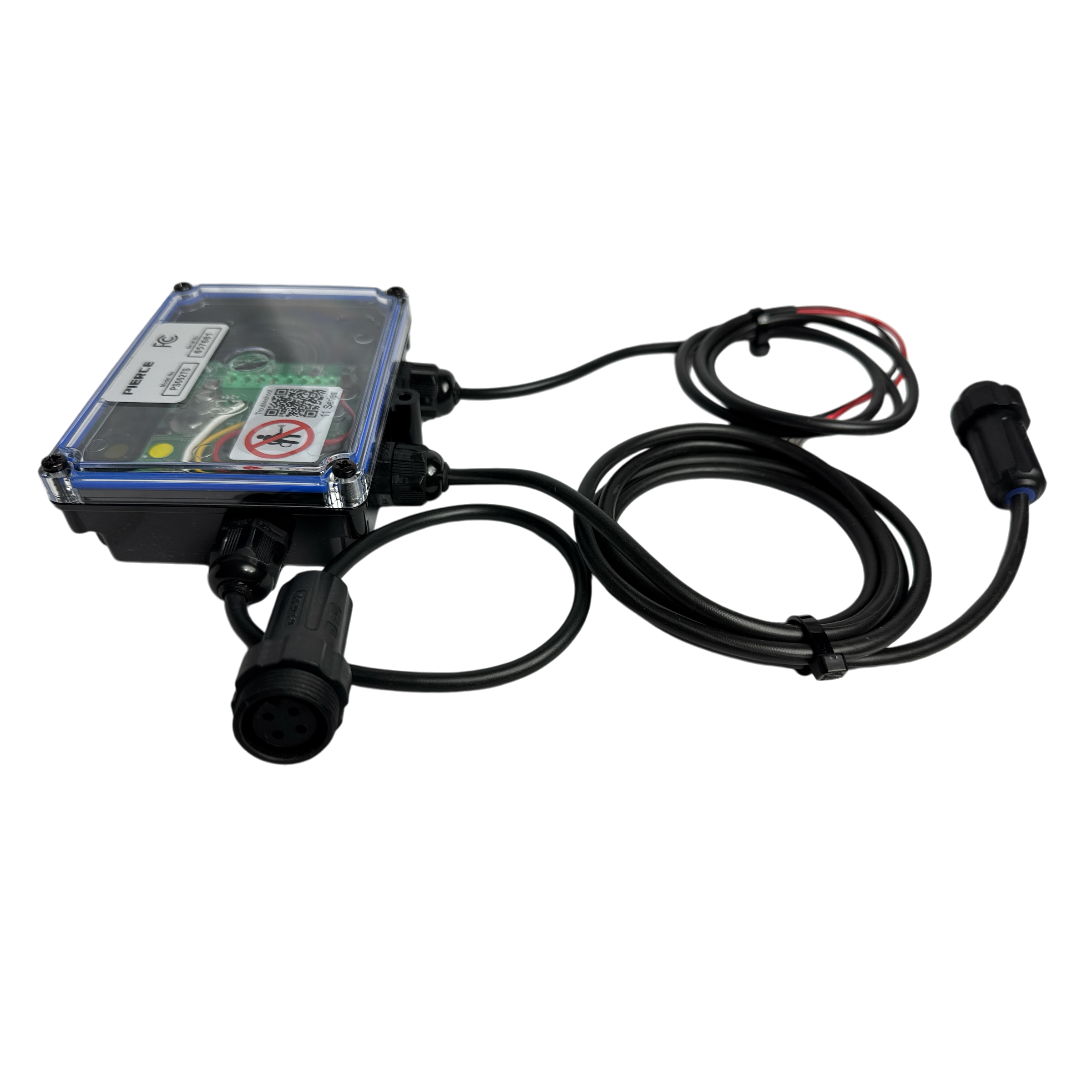 A PIERCE 2 Function Wireless Control System for Dump Trailer, featuring multiple connectors and wires, sits against a black background, seamlessly integrating into a wireless system.