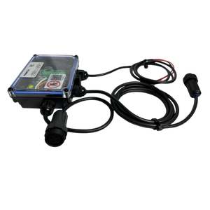 A PIERCE 2 Function Wireless Control System for Dump Trailer, featuring multiple connectors and wires, sits against a black background, seamlessly integrating into a wireless system.
