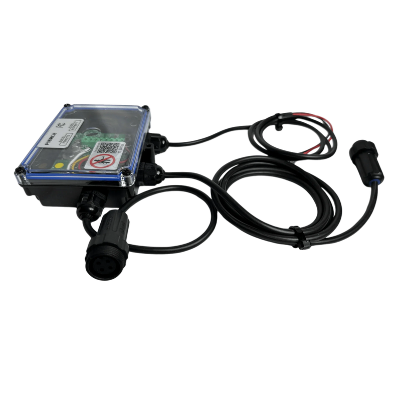 The Lodar LTD 2 Function Wireless Control System for Dump Trailer is a black electronic device with a clear cover, long cables, and connectors, designed for wireless dump trailer systems, shown on a white background.