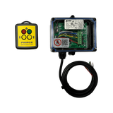 Lodar LTD 2 Function Wireless Remote Control System: yellow, operates at 433 MHz with two buttons and a clear case, features a cable and visible circuit board—perfect for 12/24V solenoid-operated equipment.