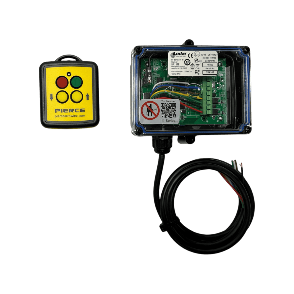 Lodar LTD 2 Function Wireless Remote Control System: yellow, operates at 433 MHz with two buttons and a clear case, features a cable and visible circuit board—perfect for 12/24V solenoid-operated equipment.