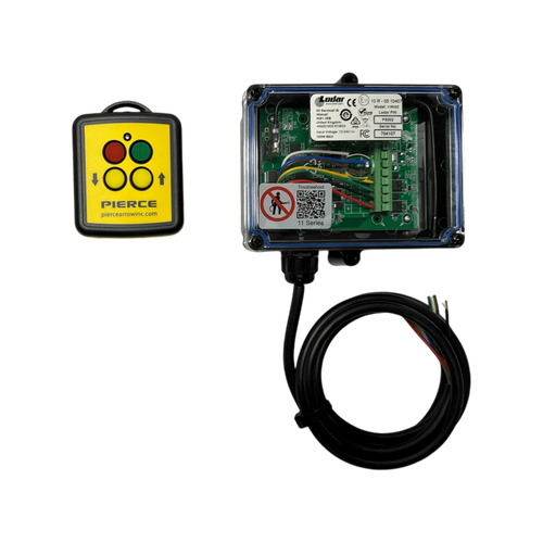 Lodar LTD 2 Function Wireless Remote Control System: yellow, operates at 433 MHz with two buttons and a clear case, features a cable and visible circuit board—perfect for 12/24V solenoid-operated equipment.
