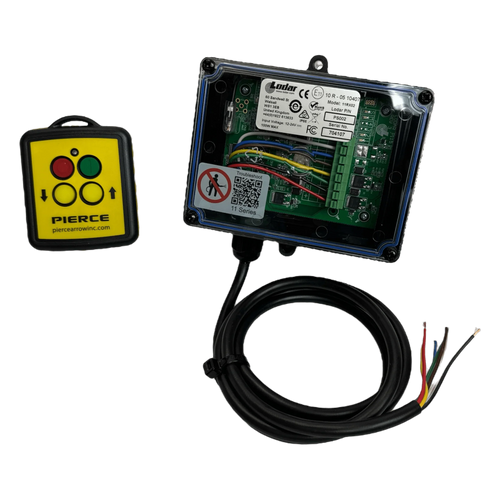 Lodar LTD 2 Function Wireless Remote Control System features an electronic control box with exposed wiring, a 12/24V solenoid interface, and a yellow remote with colored buttons, compatible with 433 MHz wireless remotes.