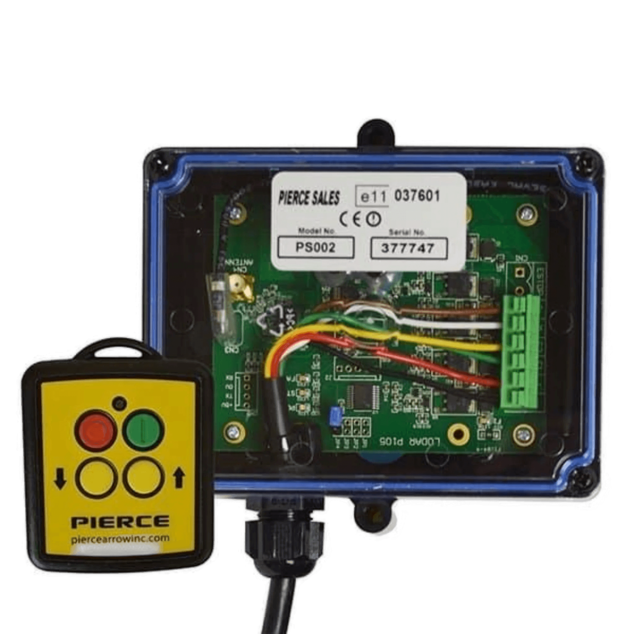 Lodar LTD 2 Function Wireless Remote Control System with visible wiring and circuit board, shown beside a yellow remote operating at 433 MHz. Perfect for 12/24V solenoid-driven equipment.