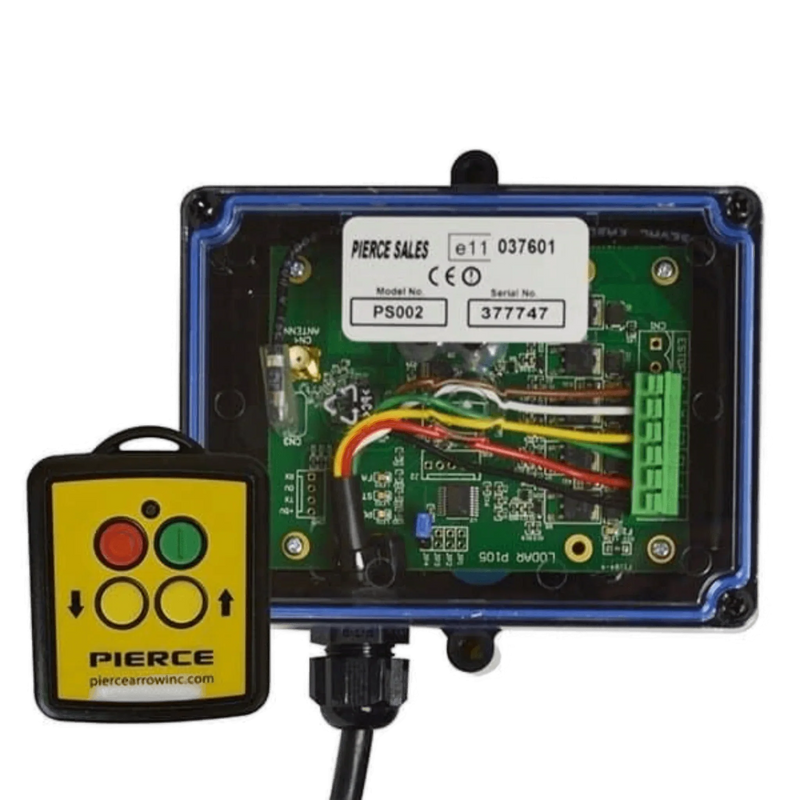 Lodar LTD 2 Function Wireless Remote Control System with visible wiring and circuit board, shown beside a yellow remote operating at 433 MHz. Perfect for 12/24V solenoid-driven equipment.