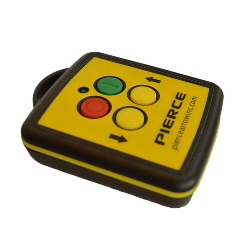 The Lodar LTD 2 Function Wireless Remote Control System features a yellow and black design, two buttons labeled “PIERCE,” operates at 12/24V for solenoid equipment, and uses 433 MHz frequency for reliable wireless control.