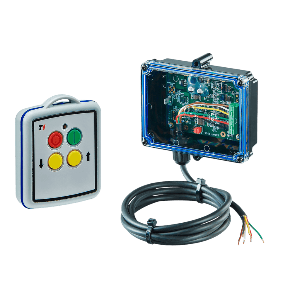 Featuring an exposed wiring electronic control box and a separate control panel with four colored buttons, the Lodar LTD 2 Functions Mini Wireless Control System | 11 Series offers seamless operation through its wireless control. Compatible with solenoid-operated equipment, it includes a durable IP 65 transmitter.