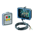 Featuring an exposed wiring electronic control box and a separate control panel with four colored buttons, the Lodar LTD 2 Functions Mini Wireless Control System | 11 Series offers seamless operation through its wireless control. Compatible with solenoid-operated equipment, it includes a durable IP 65 transmitter.