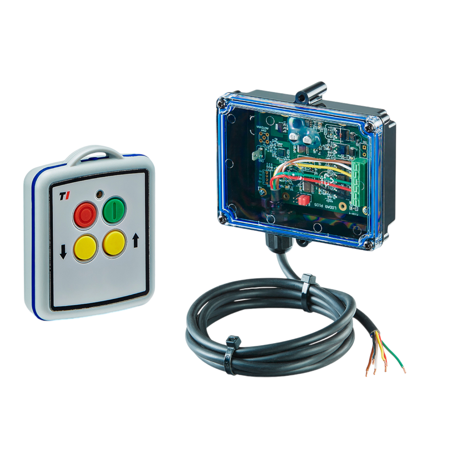 Featuring an exposed wiring electronic control box and a separate control panel with four colored buttons, the Lodar LTD 2 Functions Mini Wireless Control System | 11 Series offers seamless operation through its wireless control. Compatible with solenoid-operated equipment, it includes a durable IP 65 transmitter.