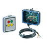 Featuring an exposed wiring electronic control box and a separate control panel with four colored buttons, the Lodar LTD 2 Functions Mini Wireless Control System | 11 Series offers seamless operation through its wireless control. Compatible with solenoid-operated equipment, it includes a durable IP 65 transmitter.