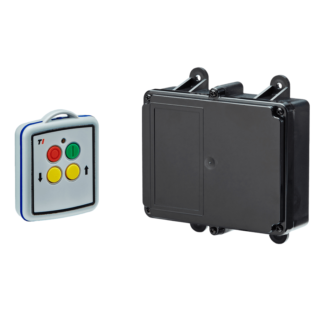 A Lodar LTD 2 Functions Mini Wireless Control System from the 90 Series, which includes a relay receiver and a remote with four colored buttons and a sleek black rectangular design, is showcased against a dark background, providing seamless operation within a 200-foot range.