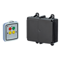 A Lodar LTD 2 Functions Mini Wireless Control System from the 90 Series, which includes a relay receiver and a remote with four colored buttons and a sleek black rectangular design, is showcased against a dark background, providing seamless operation within a 200-foot range.
