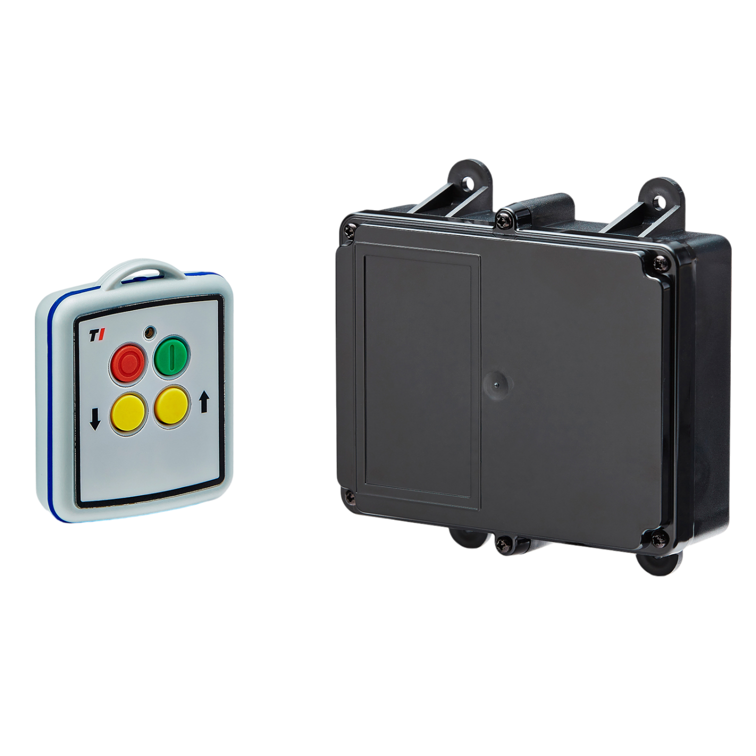 A Lodar LTD 2 Functions Mini Wireless Control System from the 90 Series, which includes a relay receiver and a remote with four colored buttons and a sleek black rectangular design, is showcased against a dark background, providing seamless operation within a 200-foot range.
