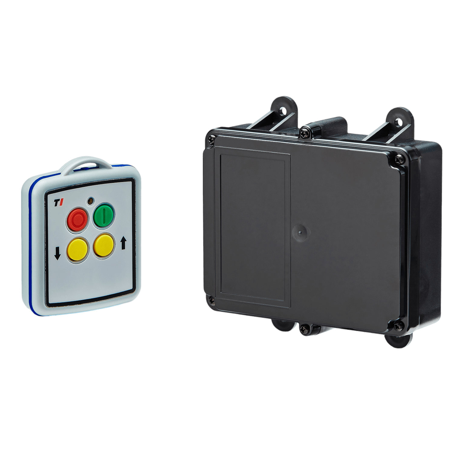 A Lodar LTD 2 Functions Mini Wireless Control System from the 90 Series, which includes a relay receiver and a remote with four colored buttons and a sleek black rectangular design, is showcased against a dark background, providing seamless operation within a 200-foot range.