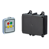 A Lodar LTD 2 Functions Mini Wireless Control System from the 90 Series, which includes a relay receiver and a remote with four colored buttons and a sleek black rectangular design, is showcased against a dark background, providing seamless operation within a 200-foot range.