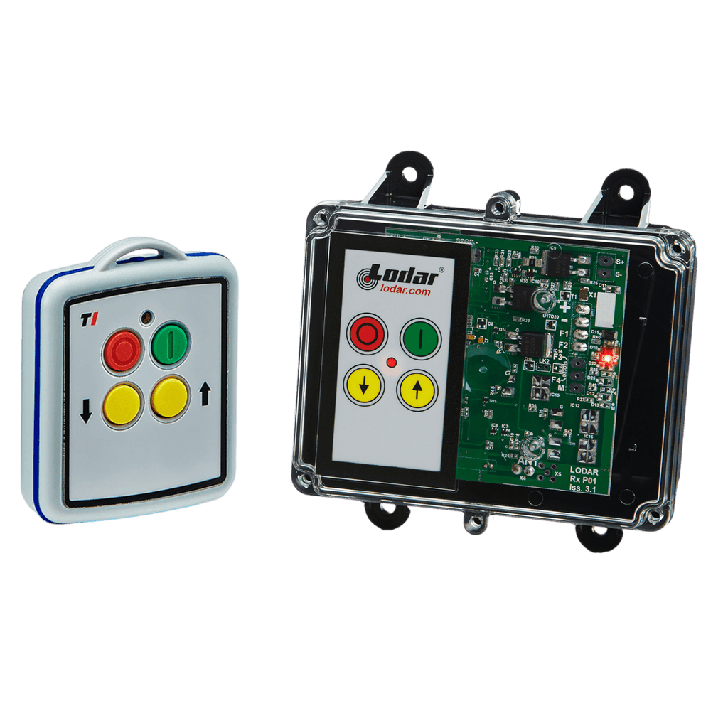 Introducing the 2 Functions Mini Wireless Control System from Lodar LTD, featuring the 92 Series Remote Transmitter and an FET Keypad Receiver equipped with buttons for up, down, and stop functions.