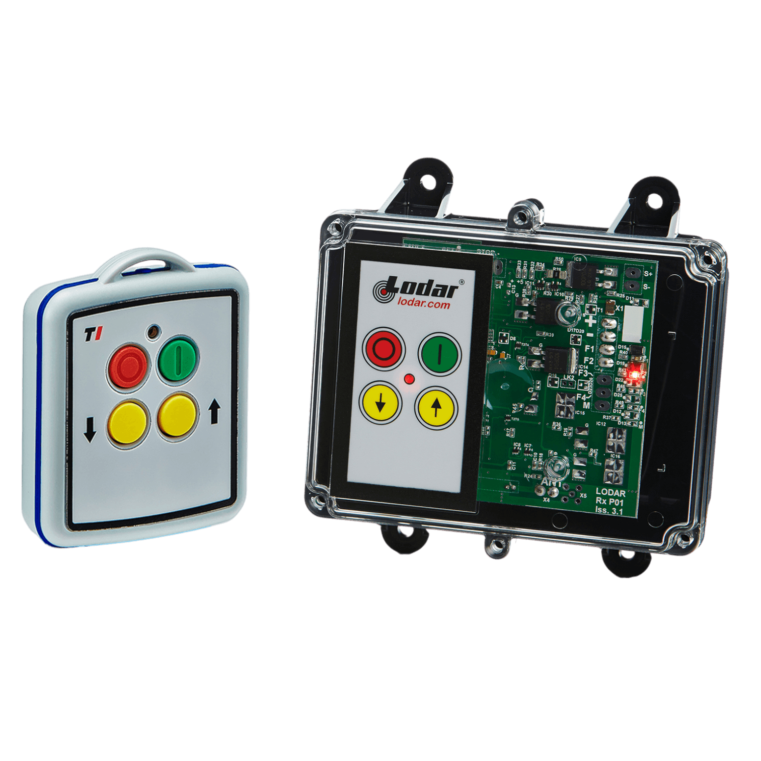 Introducing the 2 Functions Mini Wireless Control System from Lodar LTD, featuring the 92 Series Remote Transmitter and an FET Keypad Receiver equipped with buttons for up, down, and stop functions.