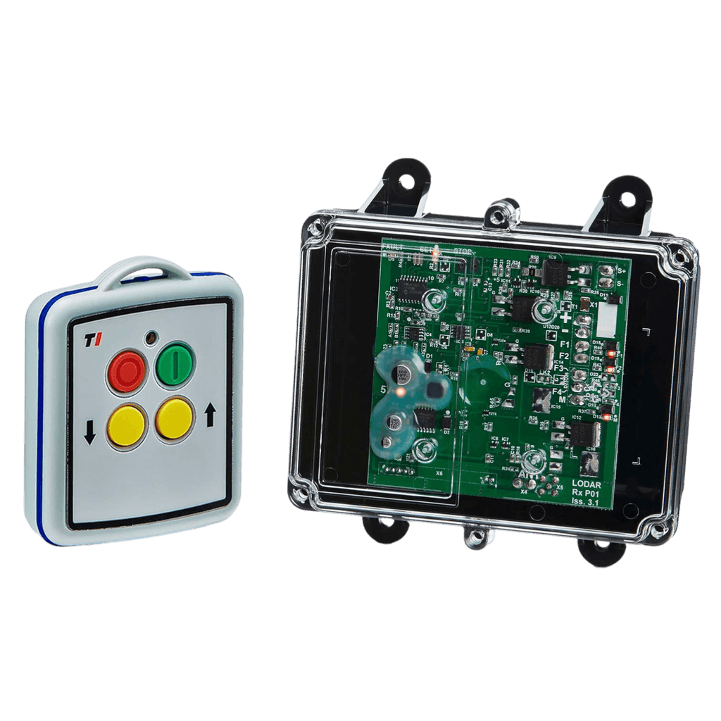 A compact mini remote with colorful buttons sits beside a transparent circuit board casing, ideal for controlling solenoid-operated equipment using the 2 Functions Mini Wireless Control System from Lodar LTD's 92 Series FET Receiver.