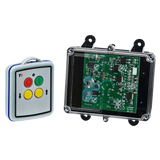 A compact mini remote with colorful buttons sits beside a transparent circuit board casing, ideal for controlling solenoid-operated equipment using the 2 Functions Mini Wireless Control System from Lodar LTD's 92 Series FET Receiver.
