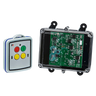 A compact mini remote with colorful buttons sits beside a transparent circuit board casing, ideal for controlling solenoid-operated equipment using the 2 Functions Mini Wireless Control System from Lodar LTD's 92 Series FET Receiver.