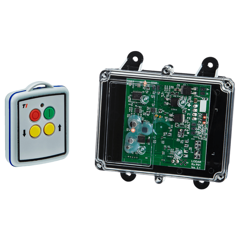 A 2 Functions Mini Wireless Control System from Lodar LTD, part of the 92 Series and featuring no master output, includes colored buttons and an electronic circuit board within a transparent shell, specifically designed for 12-24V equipment.
