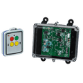 A 2 Functions Mini Wireless Control System from Lodar LTD, part of the 92 Series and featuring no master output, includes colored buttons and an electronic circuit board within a transparent shell, specifically designed for 12-24V equipment.
