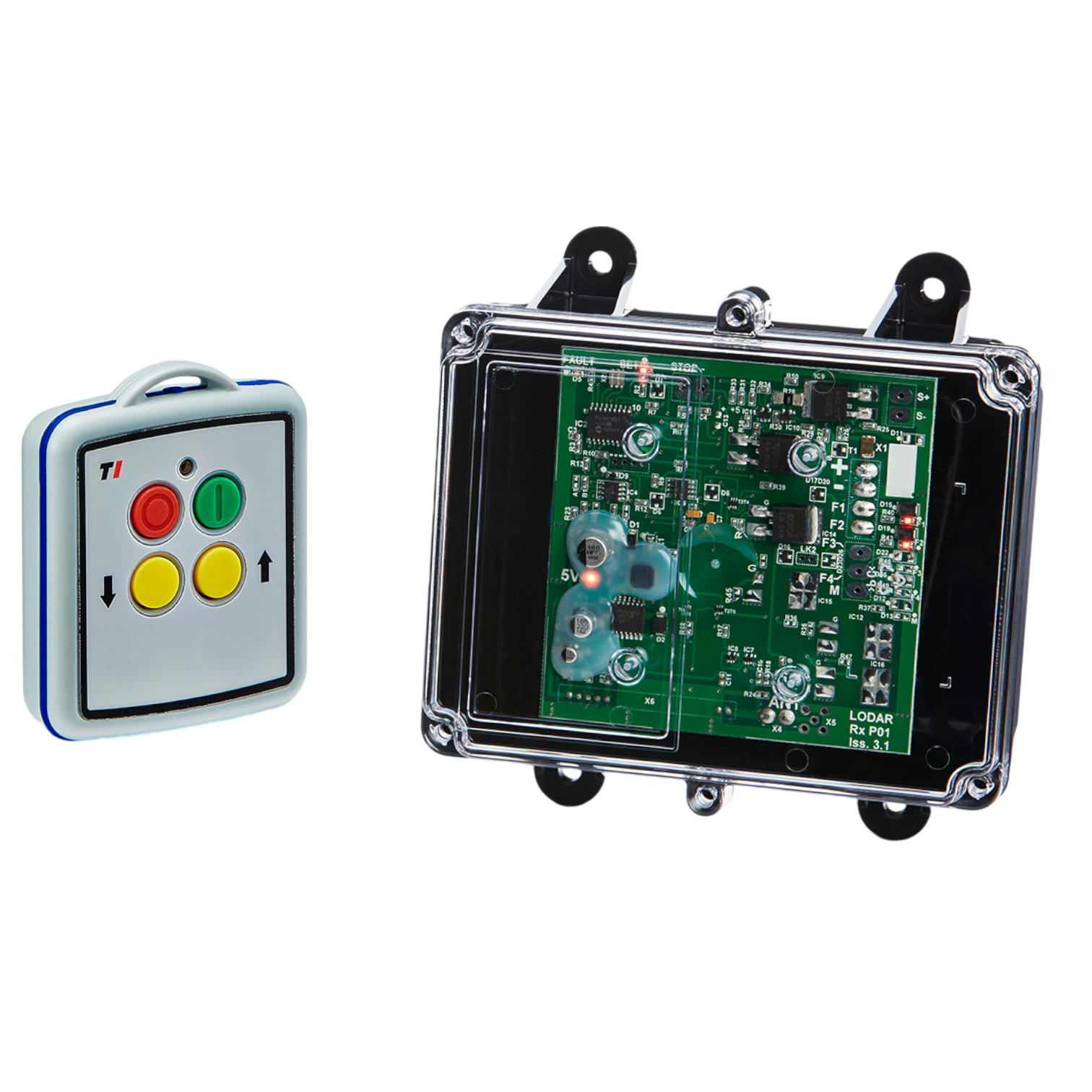 A 2 Functions Mini Wireless Control System from Lodar LTD, part of the 92 Series and featuring no master output, includes colored buttons and an electronic circuit board within a transparent shell, specifically designed for 12-24V equipment.