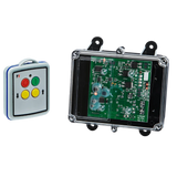 A 2 Functions Mini Wireless Control System from Lodar LTD, part of the 92 Series and featuring no master output, includes colored buttons and an electronic circuit board within a transparent shell, specifically designed for 12-24V equipment.