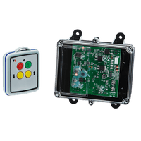 A 2 Functions Mini Wireless Control System from Lodar LTD, part of the 92 Series and featuring no master output, includes colored buttons and an electronic circuit board within a transparent shell, specifically designed for 12-24V equipment.