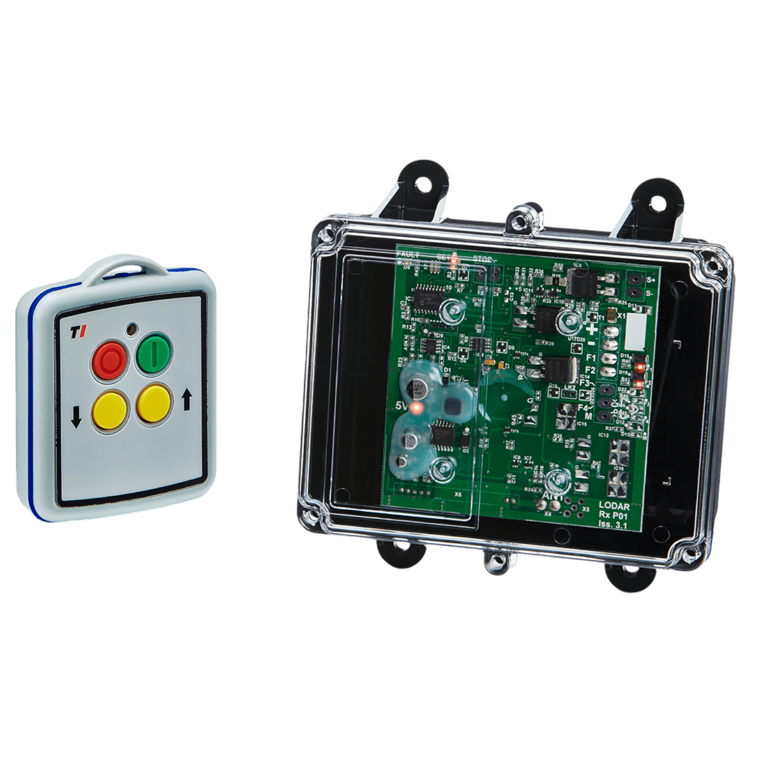 A 2 Functions Mini Wireless Control System from Lodar LTD, part of the 92 Series and featuring no master output, includes colored buttons and an electronic circuit board within a transparent shell, specifically designed for 12-24V equipment.