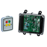 A 2 Functions Mini Wireless Control System from Lodar LTD, part of the 92 Series and featuring no master output, includes colored buttons and an electronic circuit board within a transparent shell, specifically designed for 12-24V equipment.