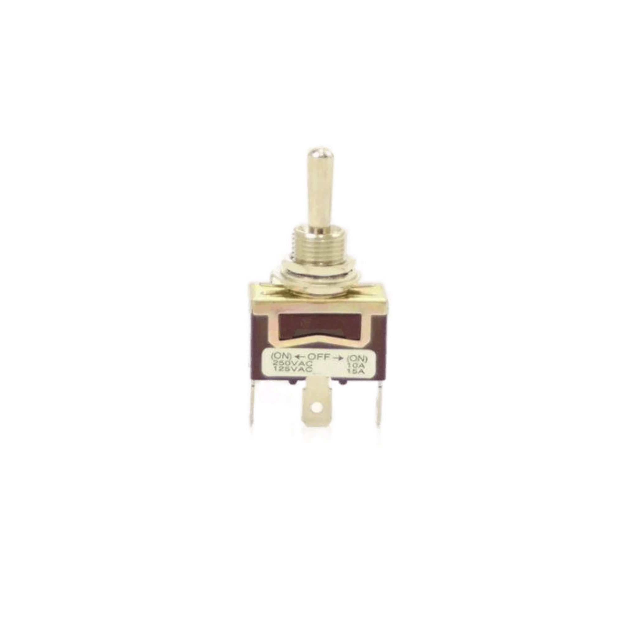 The PIERCE 2 Way Momentary Toggle Switch, featuring ON-OFF-ON labels and three metal terminals, is ideal for winch remote controls and showcased against a white background.
