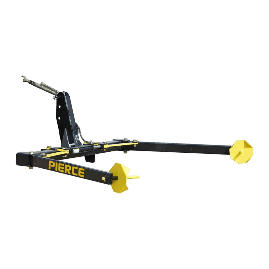 Black and yellow Internal - Pierce Assembly Team 3-Point Hay Bale Unroller hay spear attachment for tractors, shown on a white background.