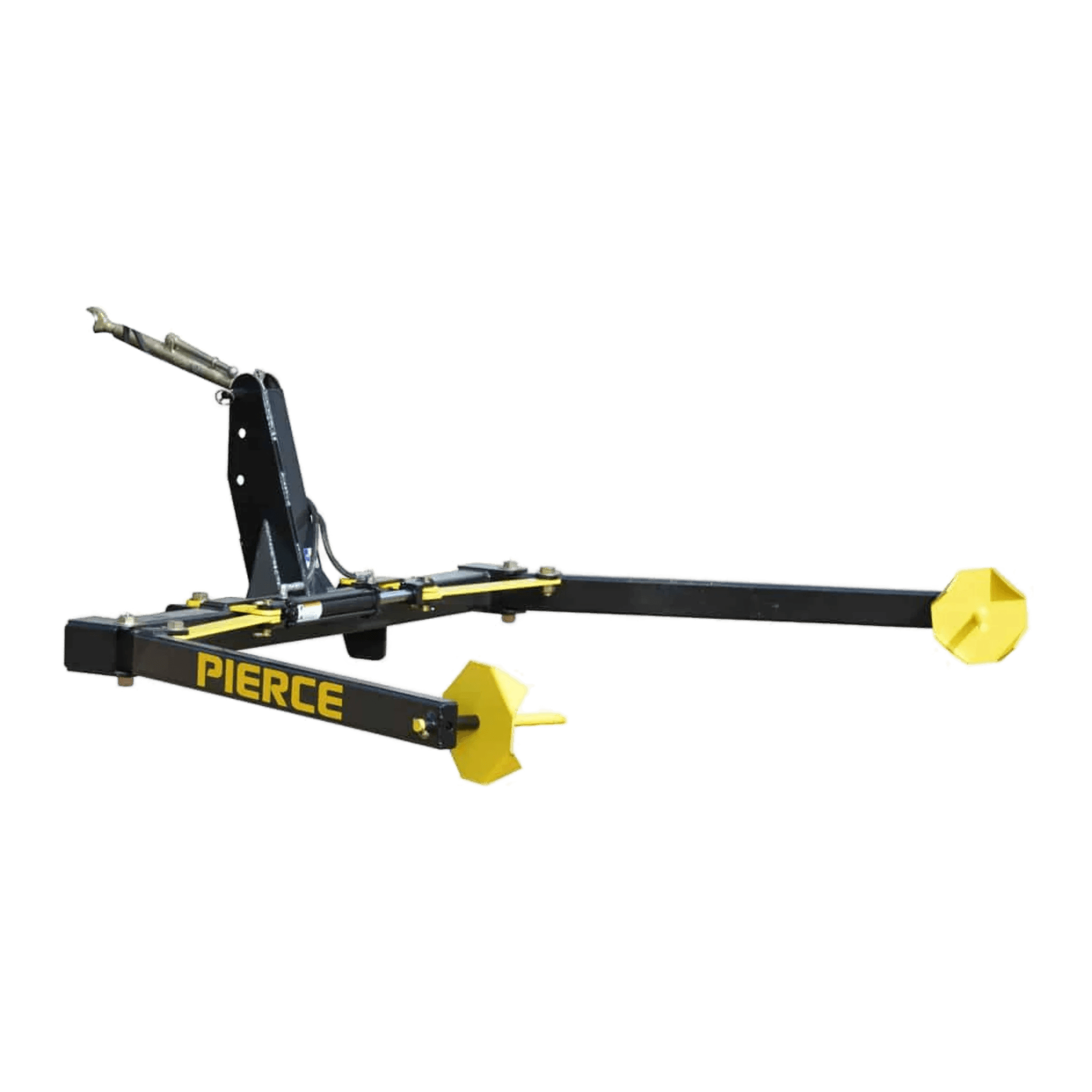 The PIERCE 3-Point Hay Bale Unroller, in black and yellow, features two extended arms for hitching and unrolling large round bales with ease.