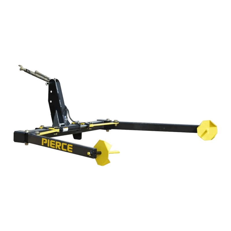 Black and yellow Internal - Pierce Assembly Team 3-Point Hay Bale Unroller hay spear attachment for tractors, shown on a white background.