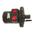 A Motion Industries Inc. Hydraulic Motor, 2.8 cubic inches for hydraulic worm gear winches, with two red-capped ports and a metal shaft, is shown against a white background.