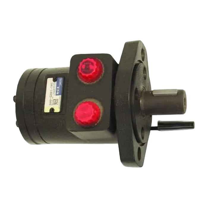 A Motion Industries Inc. Hydraulic Motor, 2.8 cubic inches for hydraulic worm gear winches, with two red-capped ports and a metal shaft, is shown against a white background.