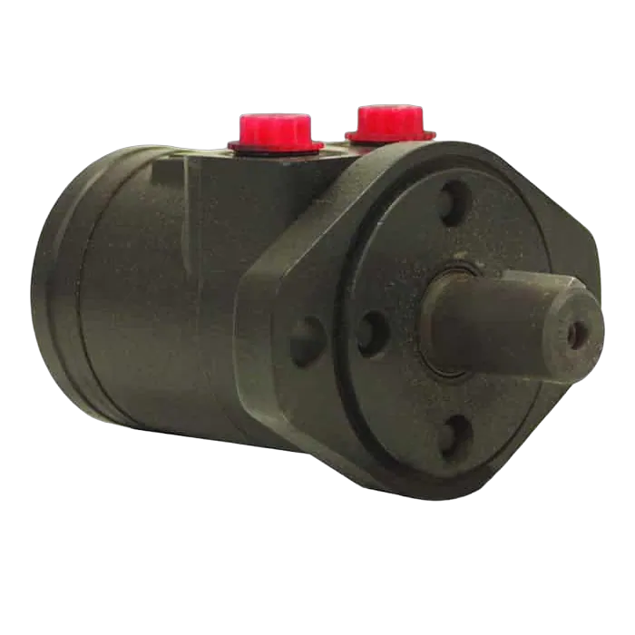 The Motion Industries Inc. Hydraulic Motor (2.8 cubic inches) features a cylindrical body, two red caps, and a shaft—ideal for hydraulic worm gear winches in demanding applications.