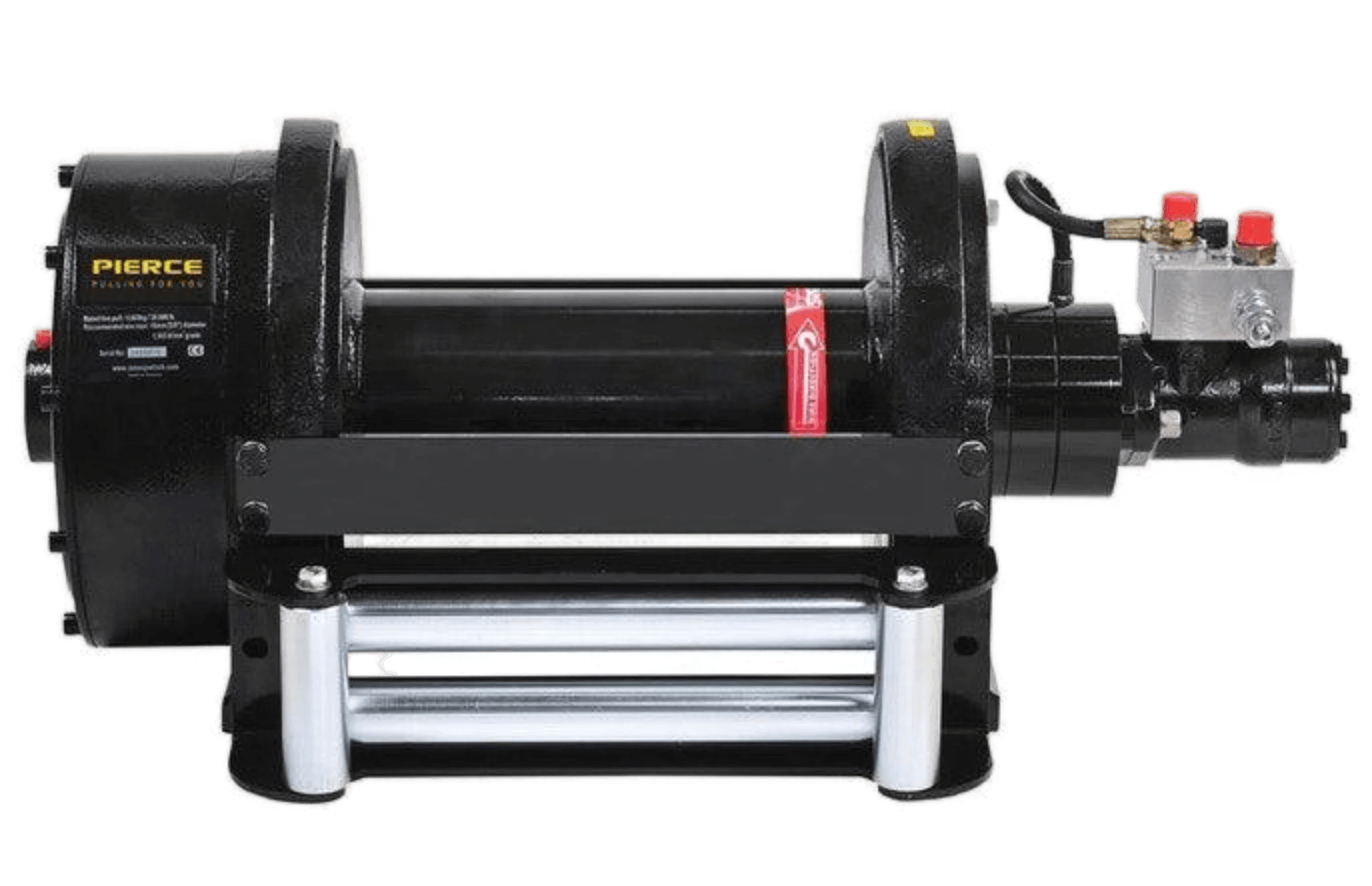 PIERCE 30,000 lb hydraulic recovery winch with long drum and air clutch, mounted on a metal base with rollers and control box.