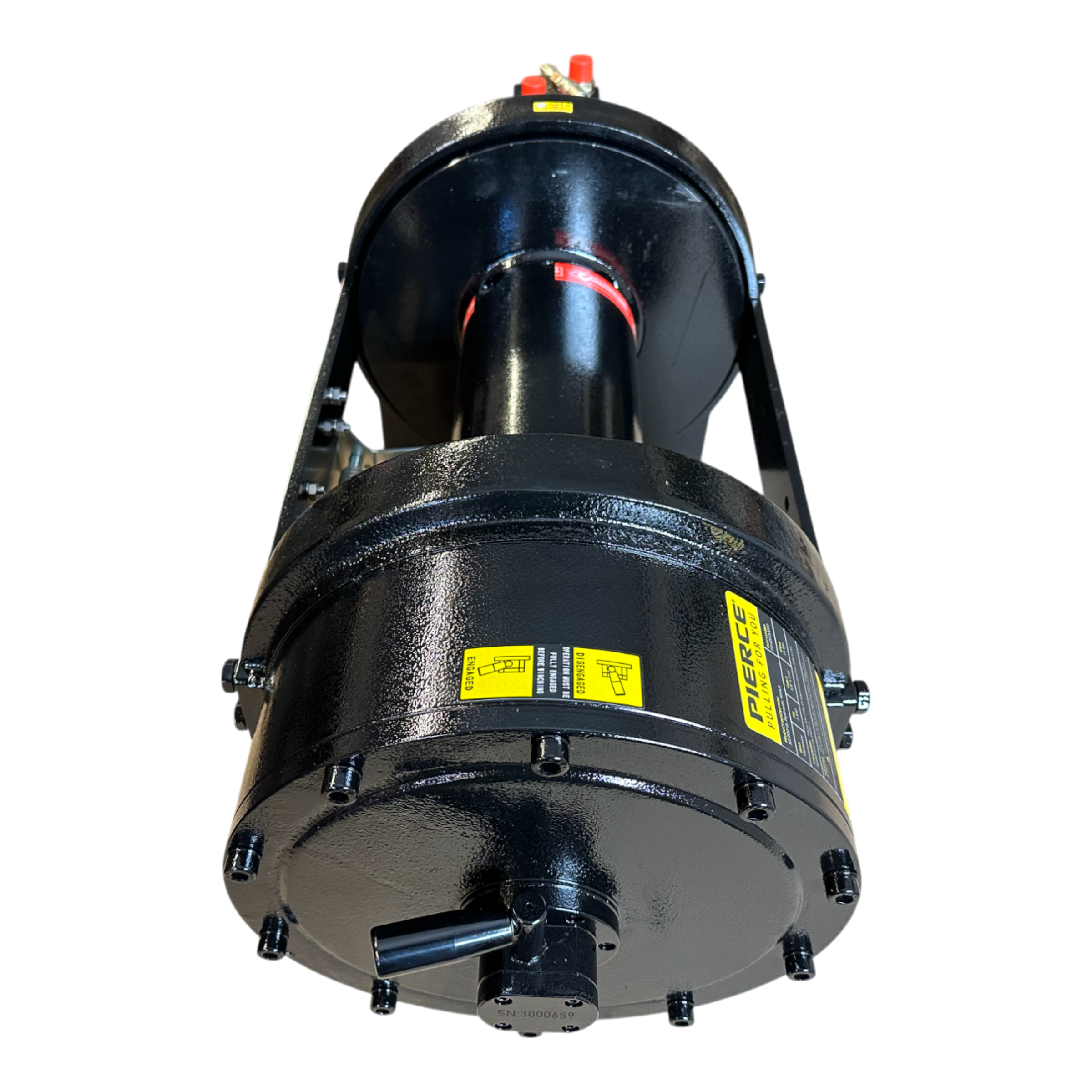 The PIERCE 30,000 lb Hydraulic Recovery Winch, featuring a long drum and manual clutch, is showcased from a low angle. It displays bold yellow labels and sturdy bolts on its powerful black industrial frame.