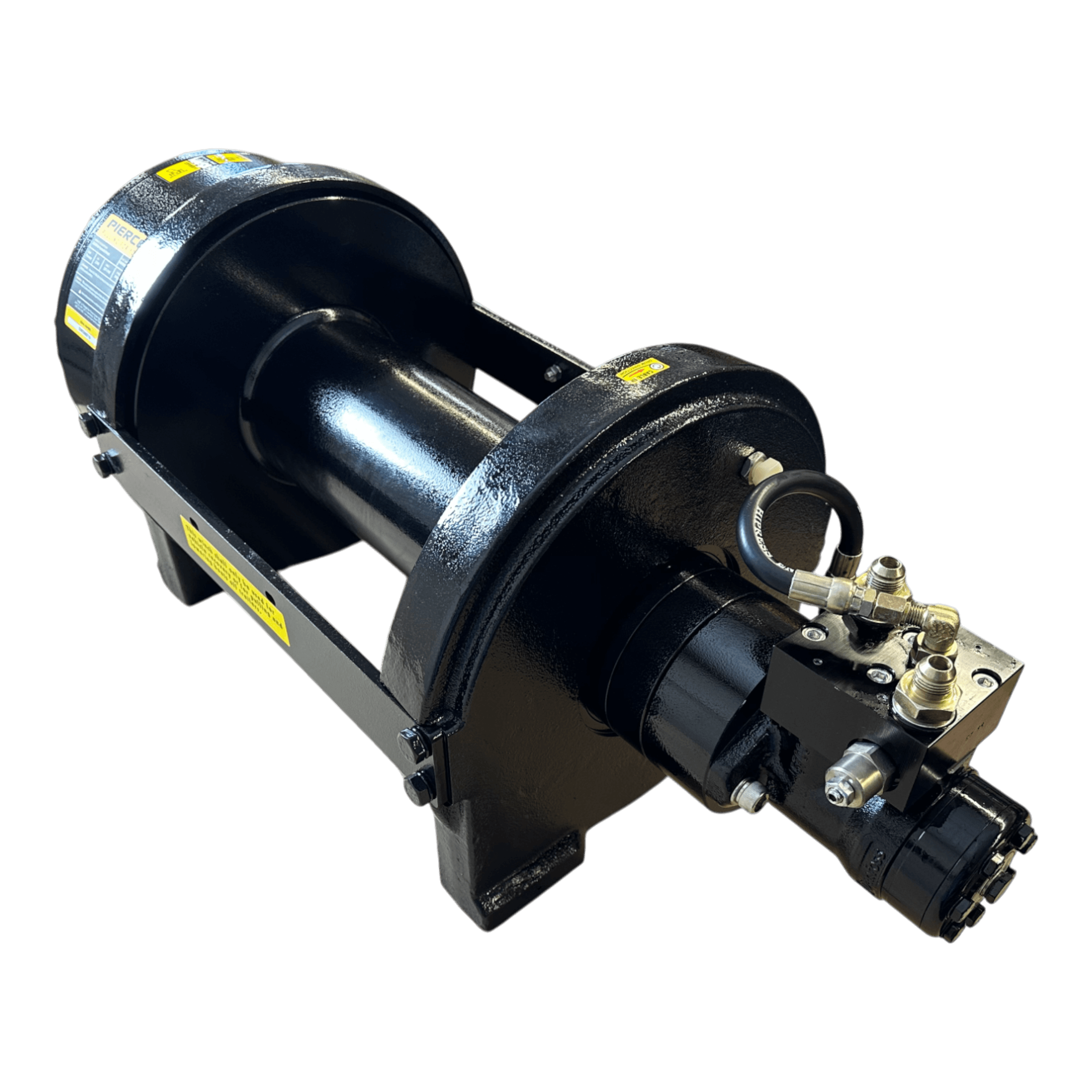 PIERCE 30,000 lb Hydraulic Recovery Winch with long drum and manual clutch, featuring hydraulic components and yellow safety labels, designed for heavy recovery tasks, shown on a white background.