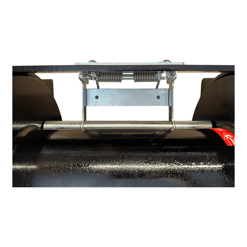 Close-up of a metal spring hinge mechanism on a glossy black surface, like components in the PIERCE 30,000 lb Hydraulic Recovery Winch | Long Drum | Manual Clutch, used for heavy-duty recovery operations.