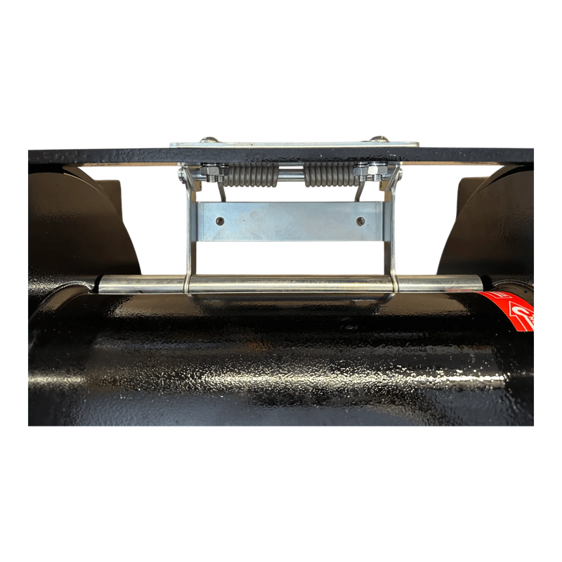 Close-up of a metal spring hinge mechanism on a glossy black surface, like components in the PIERCE 30,000 lb Hydraulic Recovery Winch | Long Drum | Manual Clutch, used for heavy-duty recovery operations.