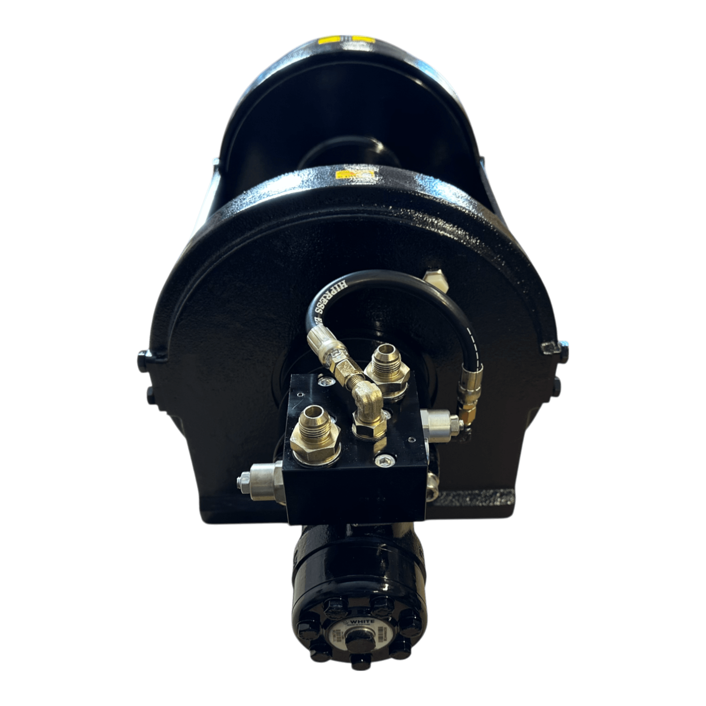 Front view of the PIERCE 30,000 lb Hydraulic Recovery Winch with long drum and manual clutch, black finish, featuring visible hoses and metal fittings for heavy recovery operations, shown on a white background.