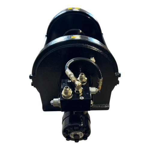Front view of the PIERCE 30,000 lb Hydraulic Recovery Winch with long drum and manual clutch, black finish, featuring visible hoses and metal fittings for heavy recovery operations, shown on a white background.