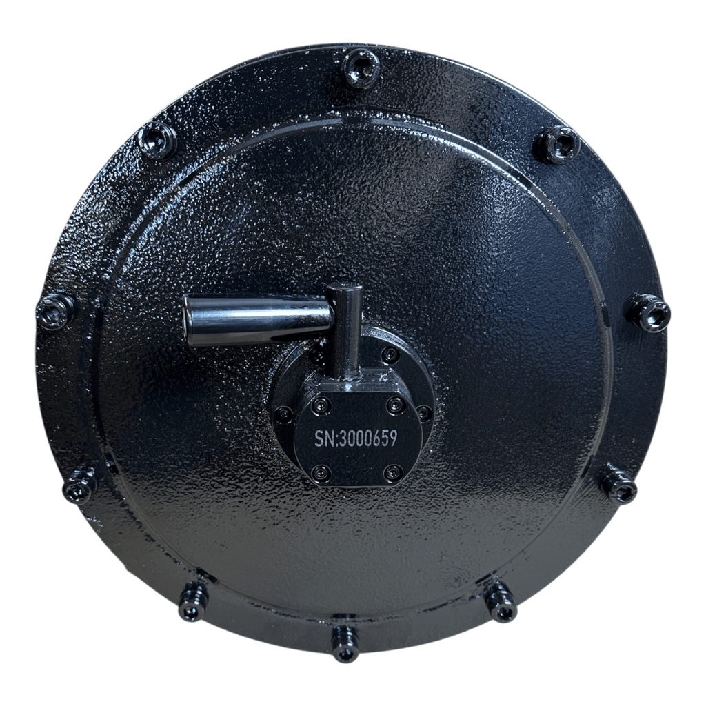 PIERCE 30,000 lb Hydraulic Recovery Winch (Long Drum) with manual clutch features a black metallic circular component with edge bolts and central handle, ideal for heavy recovery operations.