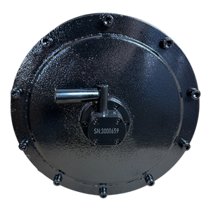 A 30,000 lb Hydraulic Recovery Winch with a long drum and manual clutch by PIERCE, featuring a shiny metal circular hatch with a central handle and an integrated planetary gear system. Serial number SN:300659.
