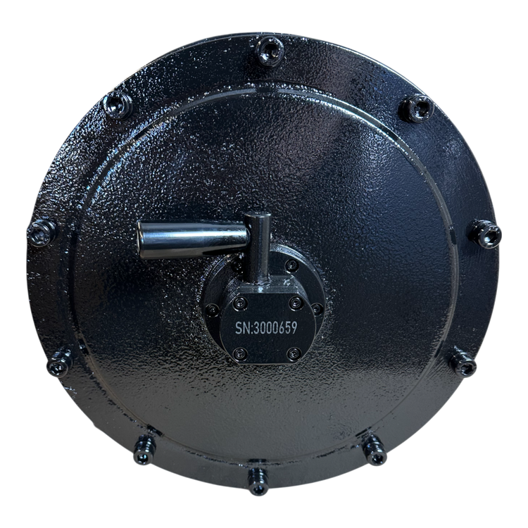 A 30,000 lb Hydraulic Recovery Winch with a long drum and manual clutch by PIERCE, featuring a shiny metal circular hatch with a central handle and an integrated planetary gear system. Serial number SN:300659.