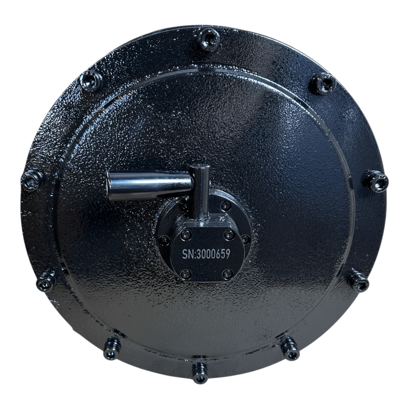 PIERCE 30,000 lb Hydraulic Recovery Winch (Long Drum) with manual clutch features a black metallic circular component with edge bolts and central handle, ideal for heavy recovery operations.